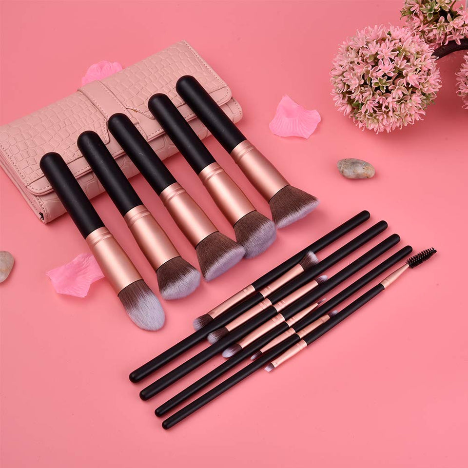 Set de Brochas para Maquillaje, 14 Piezas Pinceles de Maquillaje Profesional Brochas para Sombra de Ojos y Rostro Cepillo de Base Blush Contour Brush Kit de Cepillo de Maquillaje Completo, Negro
