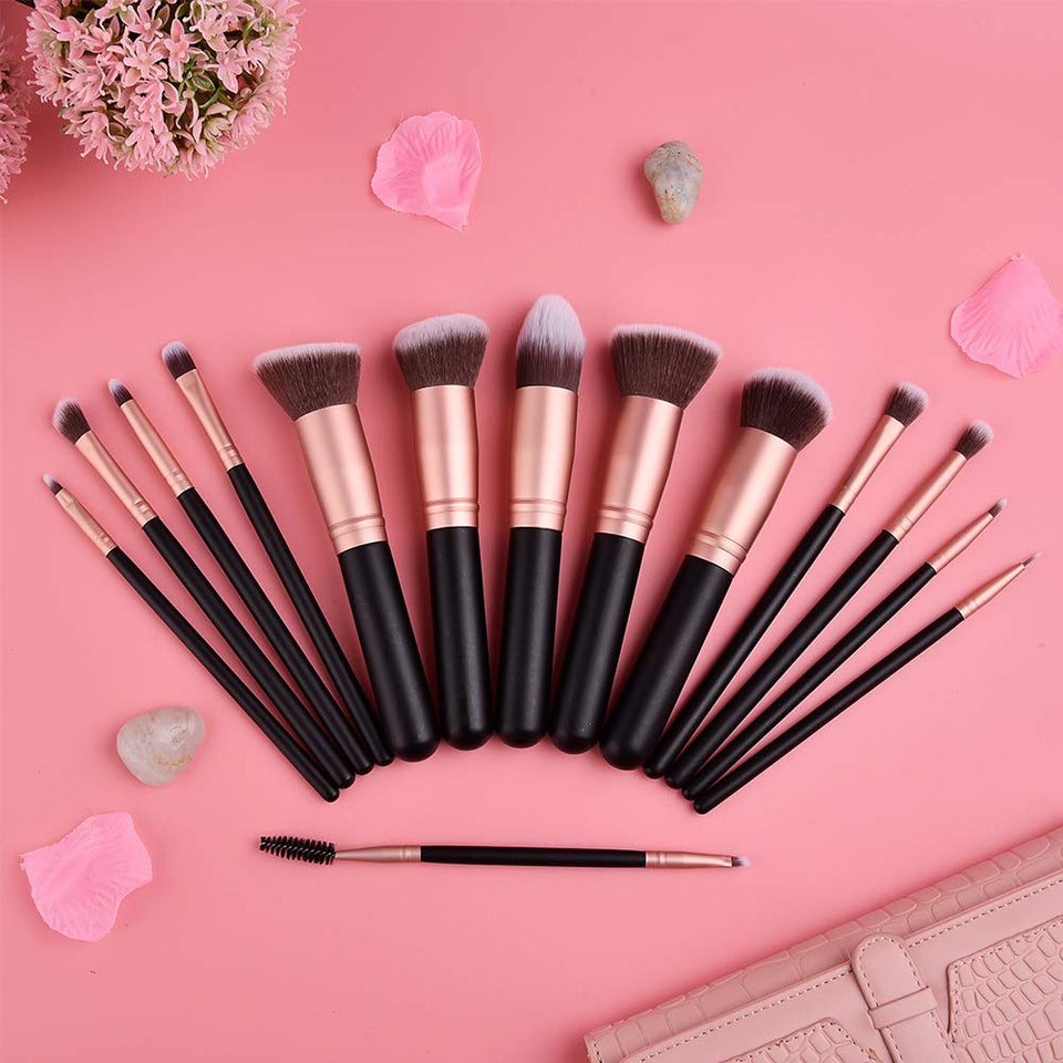 Set de Brochas para Maquillaje, 14 Piezas Pinceles de Maquillaje Profesional Brochas para Sombra de Ojos y Rostro Cepillo de Base Blush Contour Brush Kit de Cepillo de Maquillaje Completo, Negro