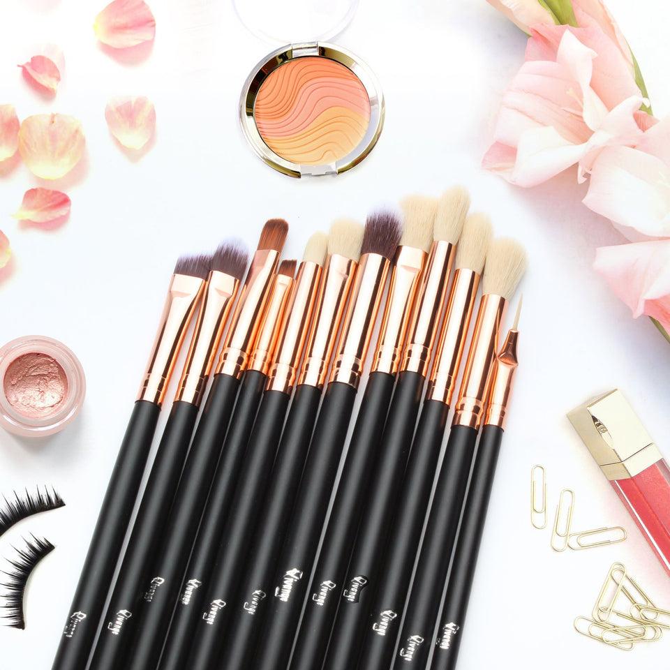 Qivange Cepillos para Sombras de Ojos Sintético Pinceles de Maquillaje(12pcs Rosado con Oro Rosa)